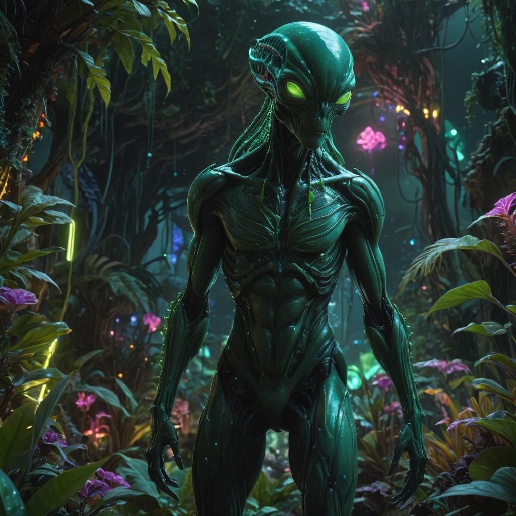 Bioluminescent Alien in Neon Jungle, Digital Illustration