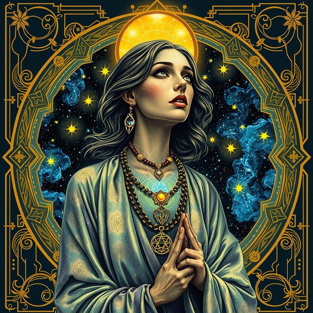 Cosmic Oracle with Art Nouveau Frame, Digital Art