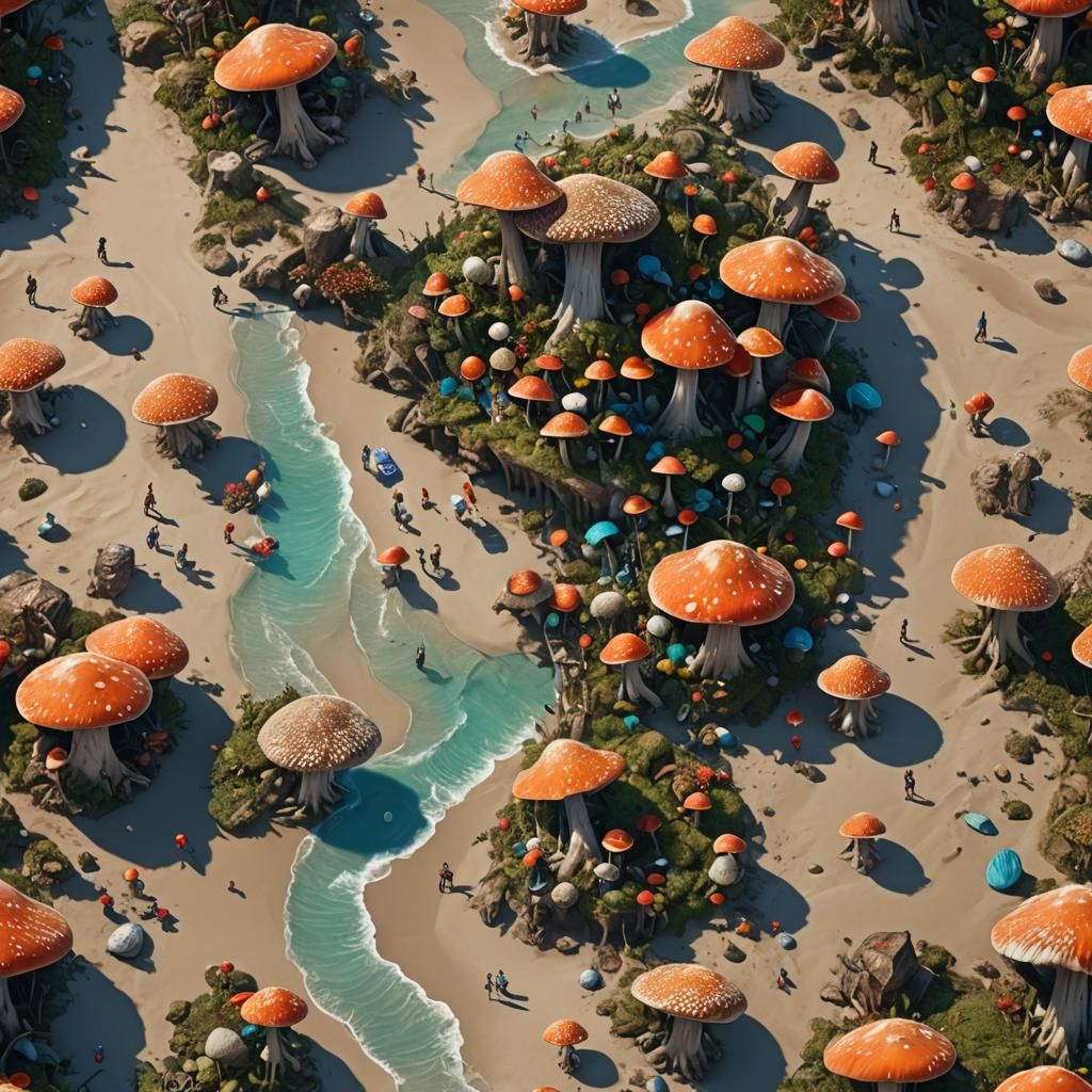 Human Mushroom Beach: Detailed Matte Painting in Deep Color