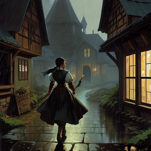 Fantasy Peasant Girl in Rainy Inn Doorway