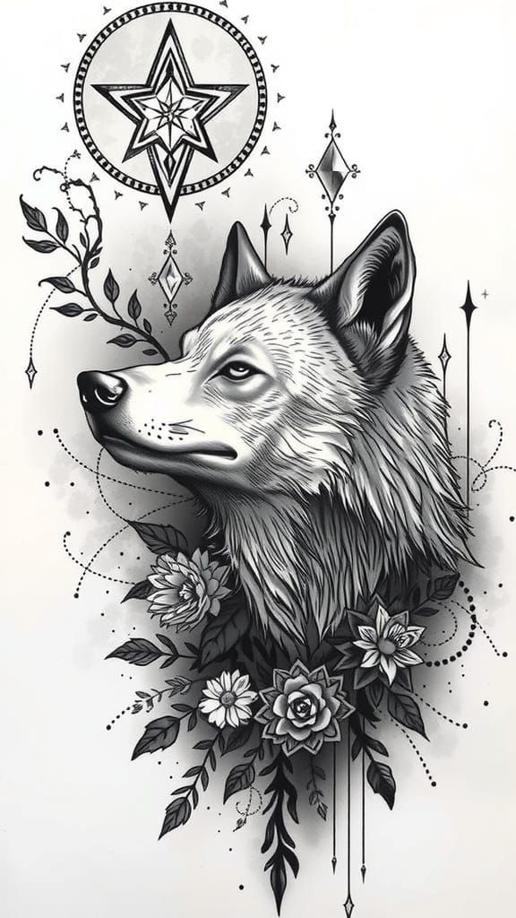 Elegant Black Wolf Tattoo in Fine Line Style