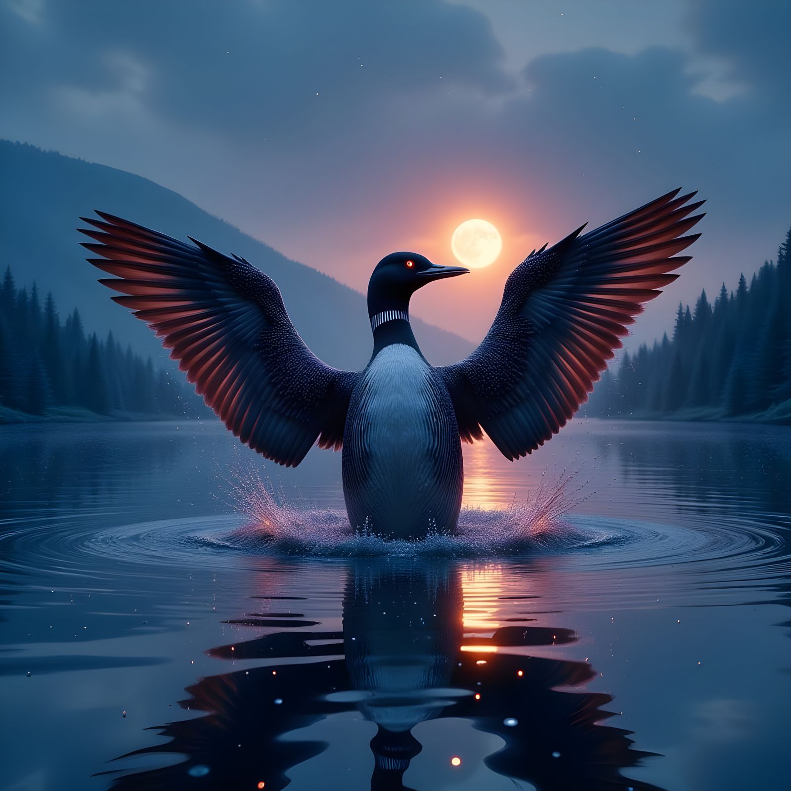 Majestic Loon Rises on Twilight Lake