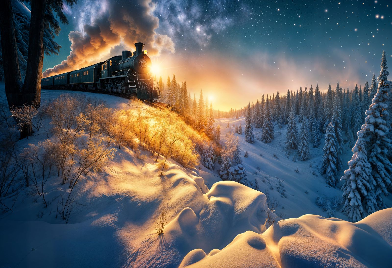Epic Winter Train Journey Under Aurora Borealis