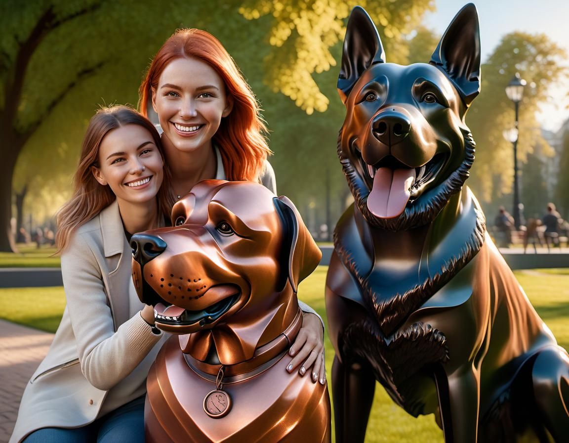 Expressive Copper Sculpture of Woman and Dog