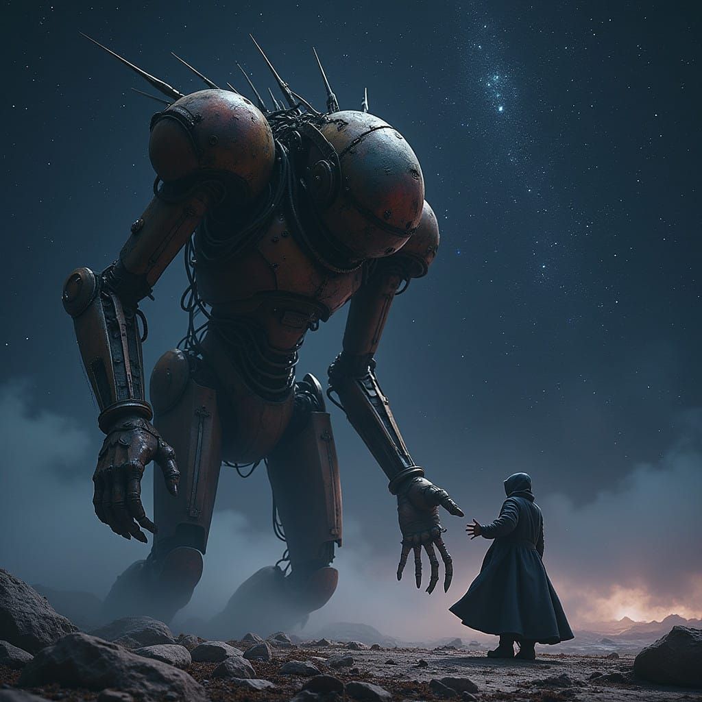 Abandoned Evangelion-Inspired Robot in Space, Reaching for a...