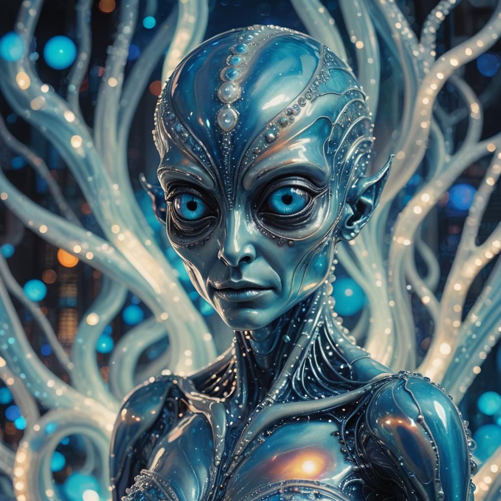 Surreal Blue Alien in Iridescent Cityscape