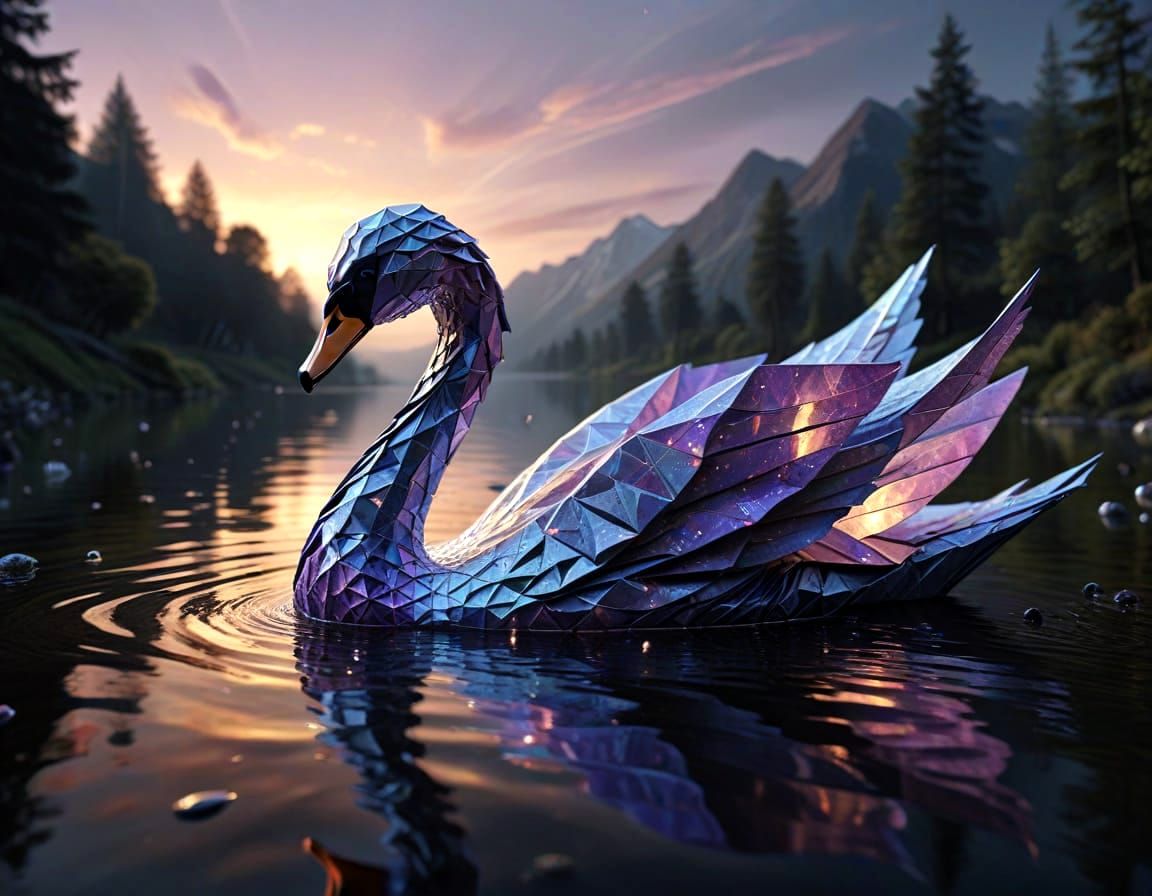 Elegant Origami Swan on Twilight Lake