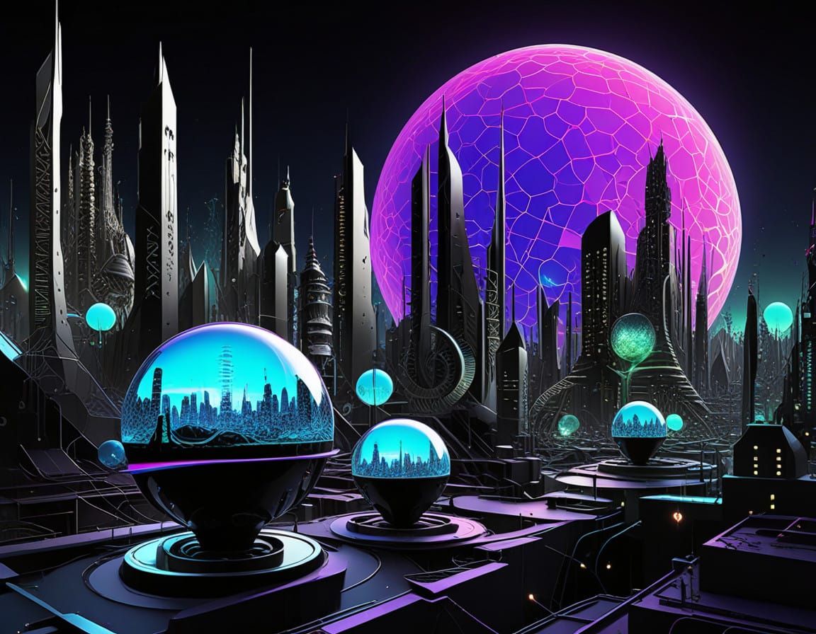 Teslapunk Cityscape Illuminated by Orbs of Light