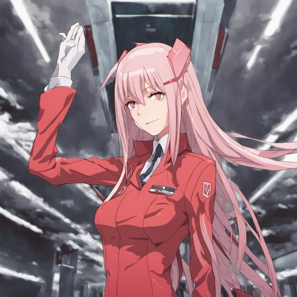 Zero Two in Red Suit Anime Style