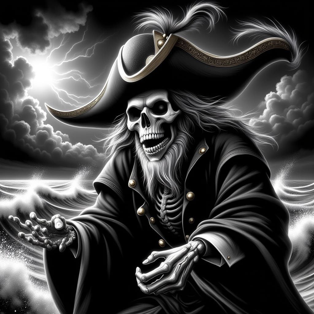 Menacing Skeleton Pirate Set Against Dark, Stormy Sea in Bla...