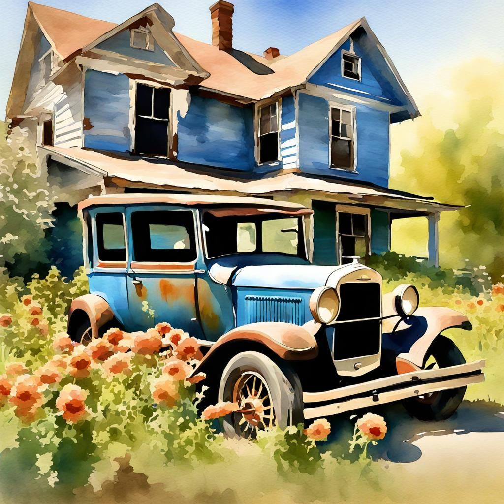 Watercolor: Model T Ford in Front of Old House