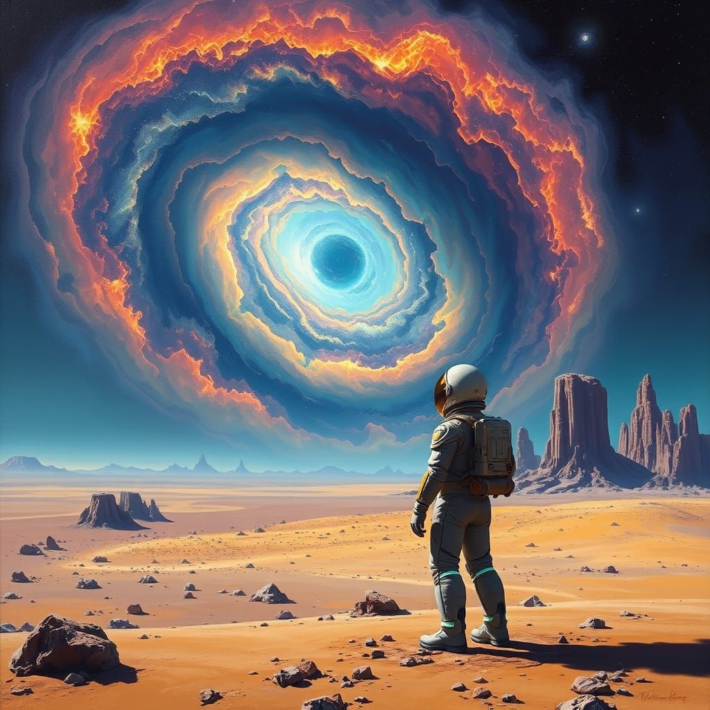 Astronaut Gazing at Nebula on Alien Planet in Hyperrealism