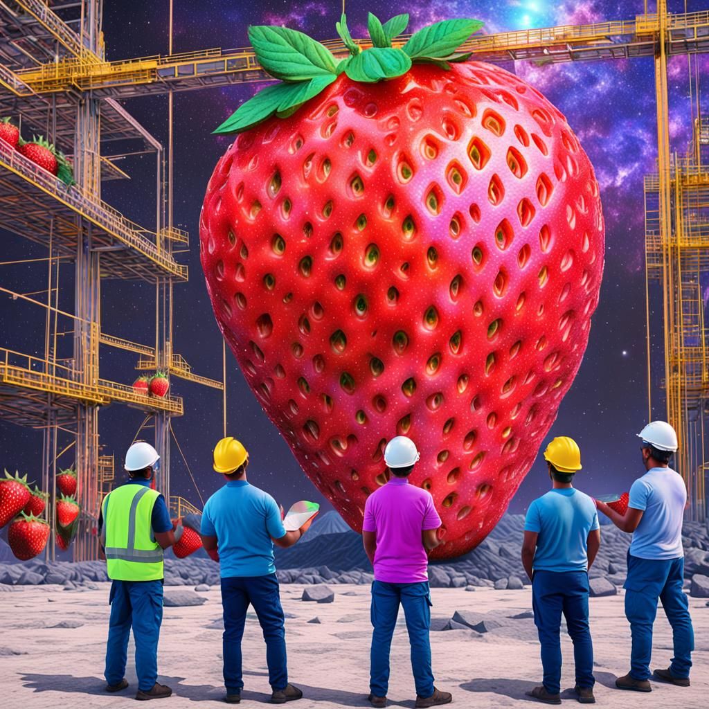 Giant Strawberry Visited by Construction Workers