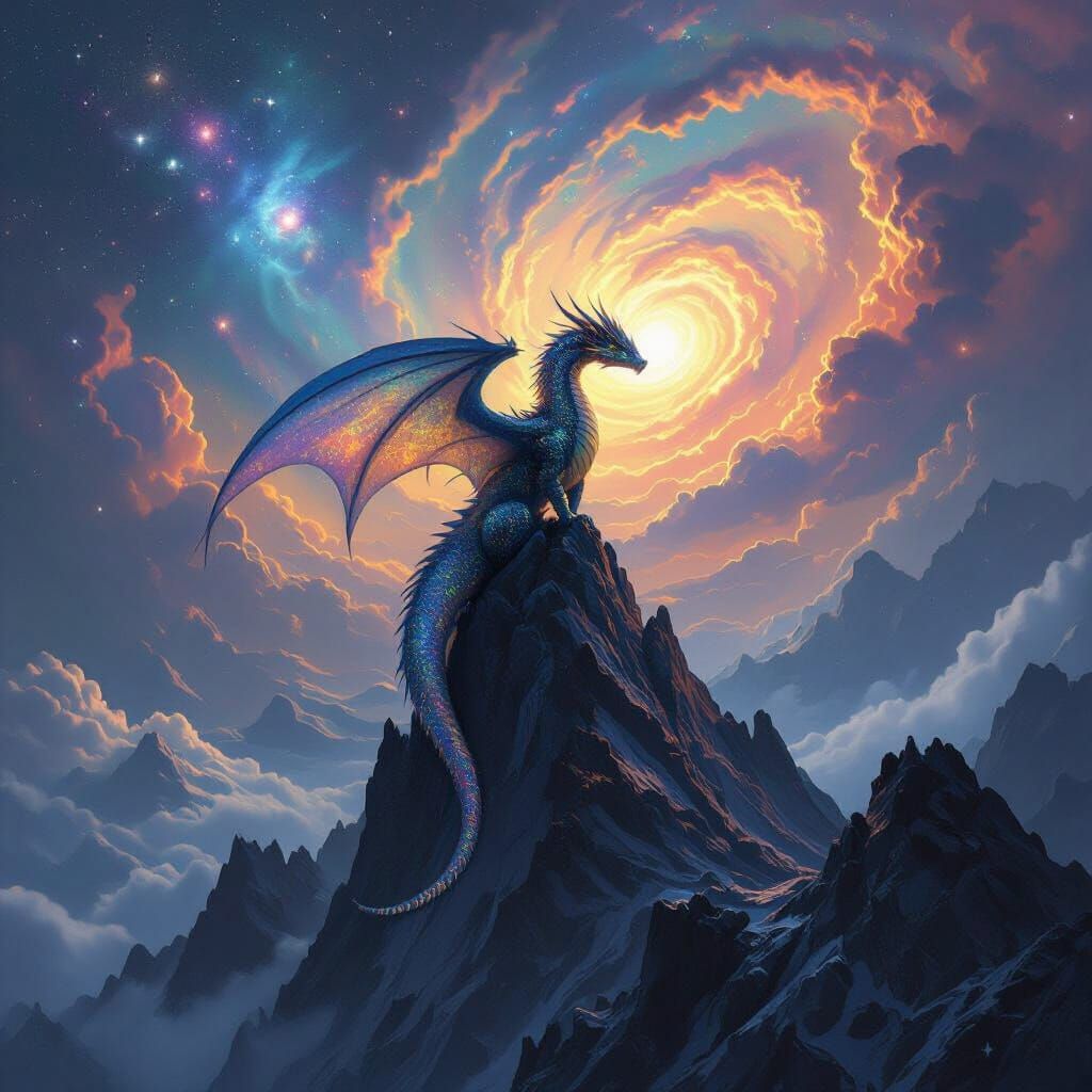 Solitary Dragon on Obsidian Peak Under Nebula Sky