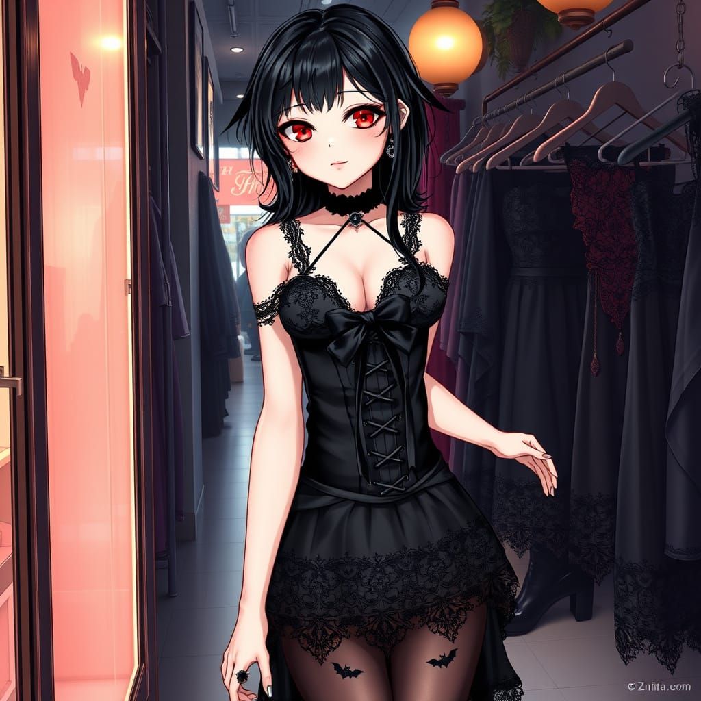 Gothic Vampire Girl in Elegant Black Lace Dress