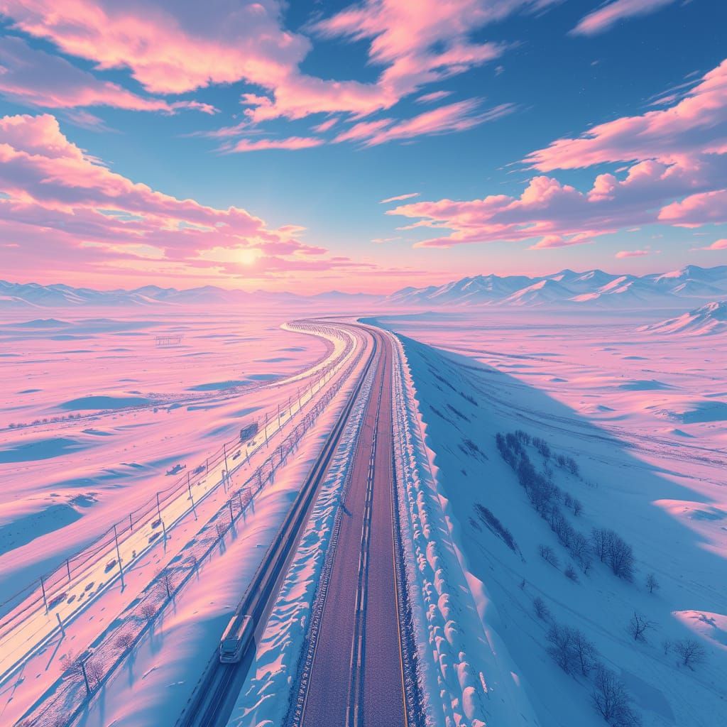 Anime Key Visual Landscape of a Frozen Highway