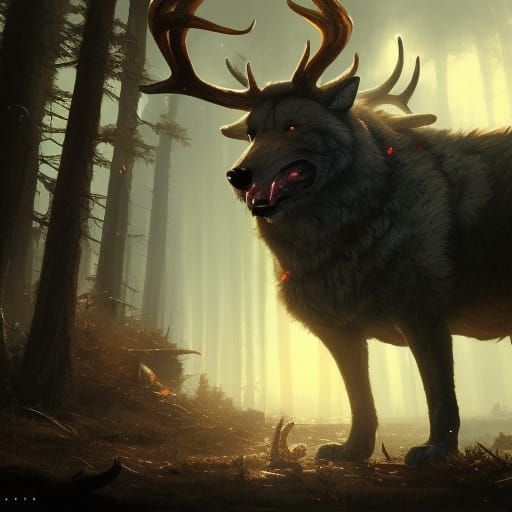 Giant Wolf with Deer Horns: Dark Fantasy Art