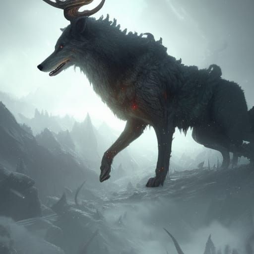 Antlered Wolf in Dark Fantasy Style