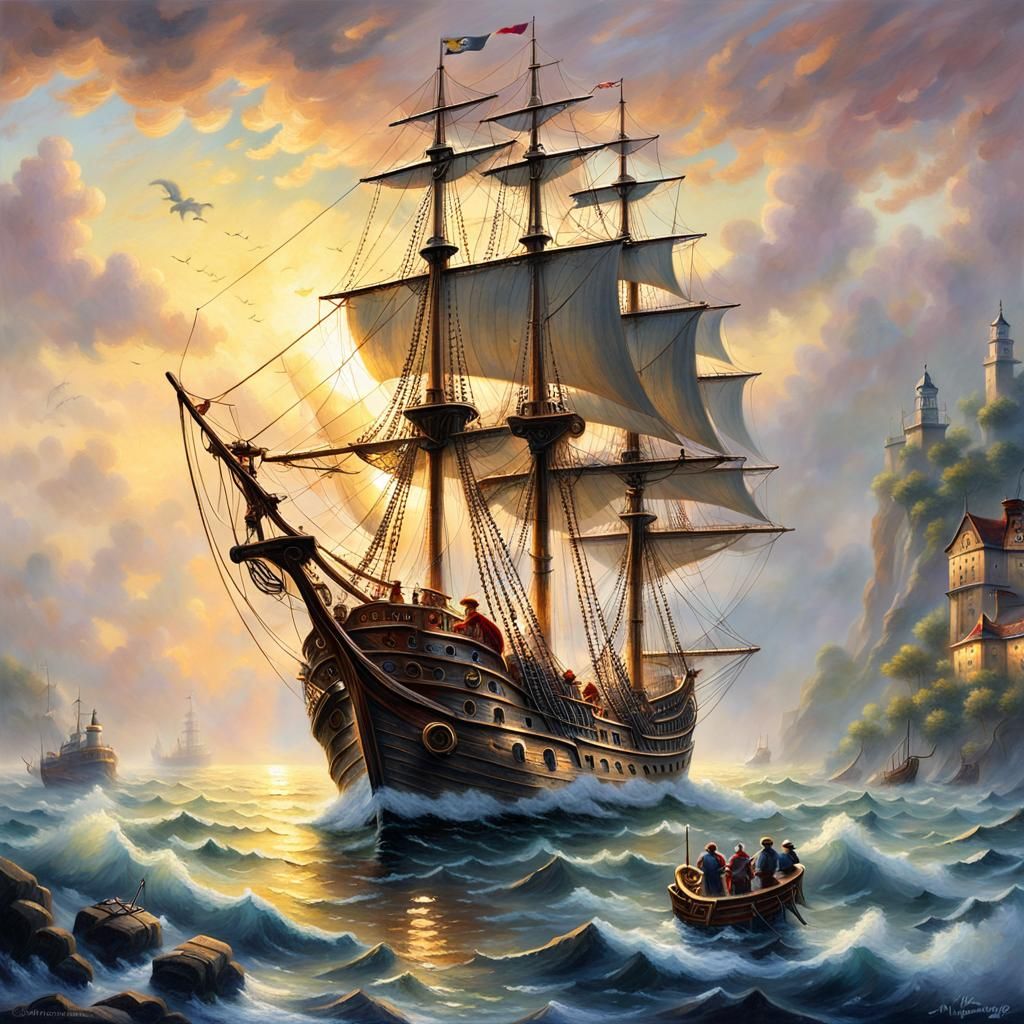 A Magnificent Pirate Ship Sails through Ethereal Mist