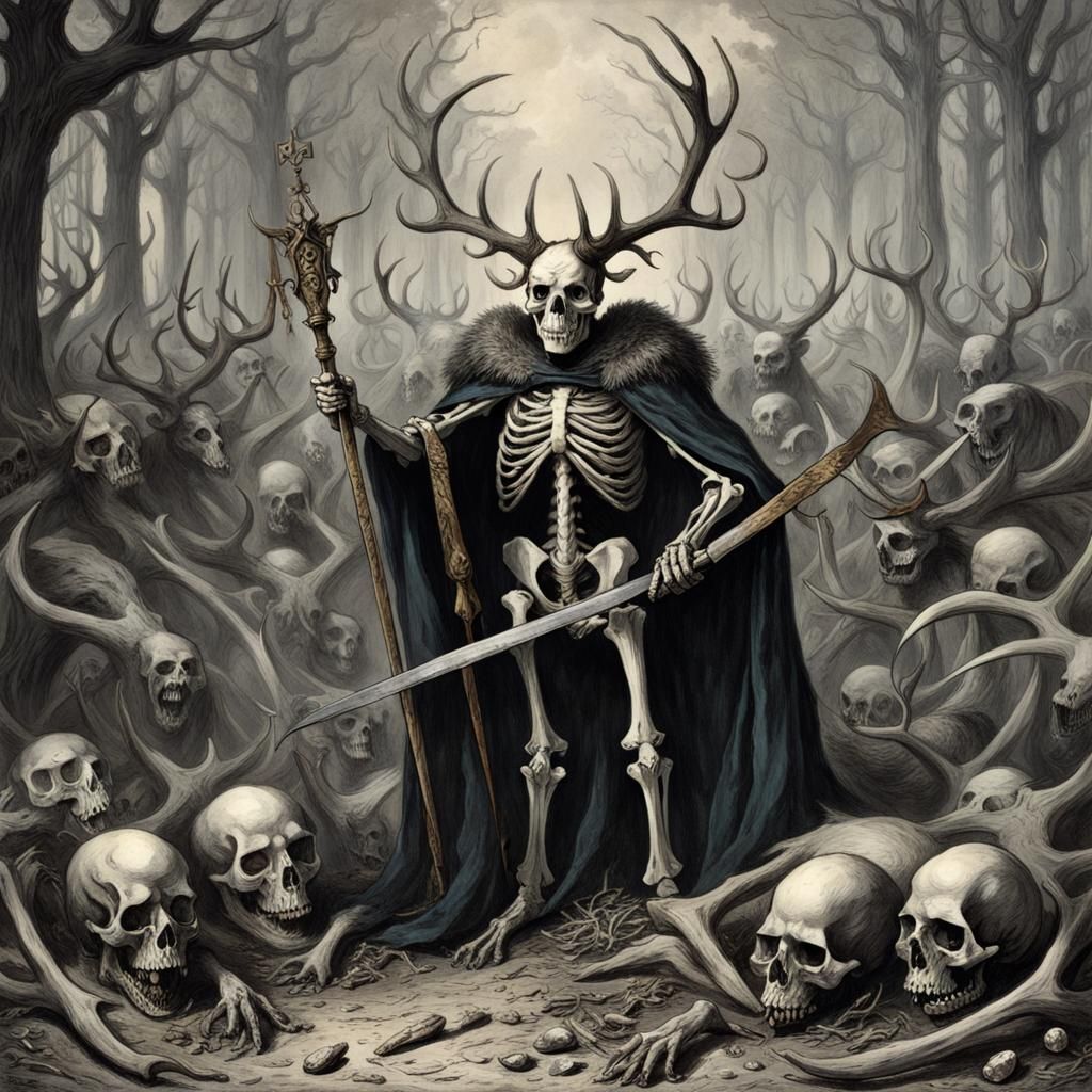 Skeletal Jester with Antler Bow Amidst Dead Royalty