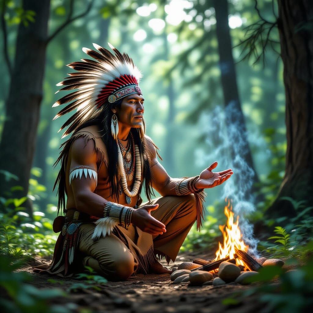 Native American Shaman in Sun-Dappled Forest