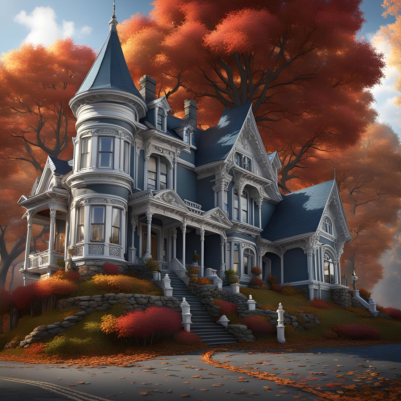 gray and white Victorian home up on a hill | winding brick driveway | Autumn | maple tree | brilliant blue sky | detaile...