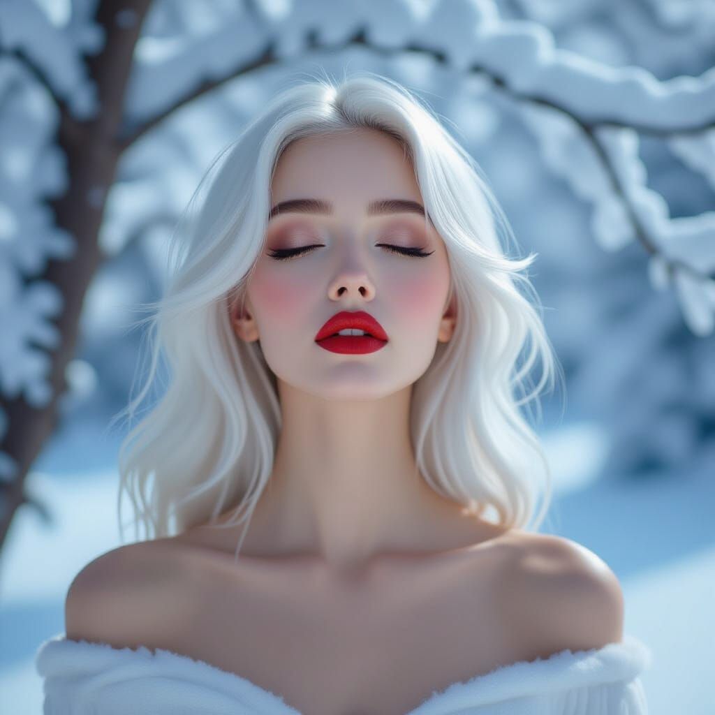 Icy Portrait: Woman with White Hair and Red Lips