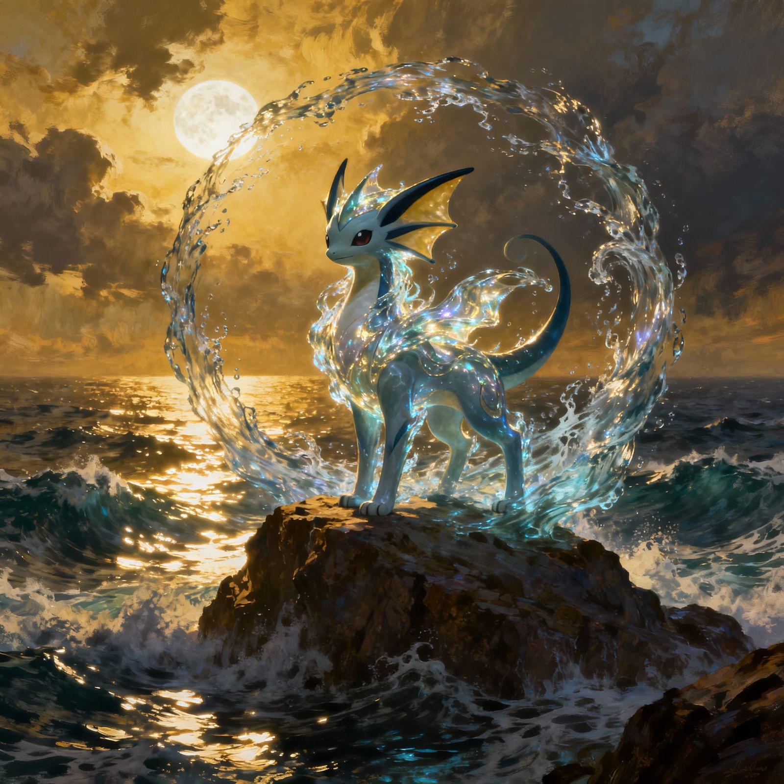 Vaporeon in Water Magic on Rocky Outcrop