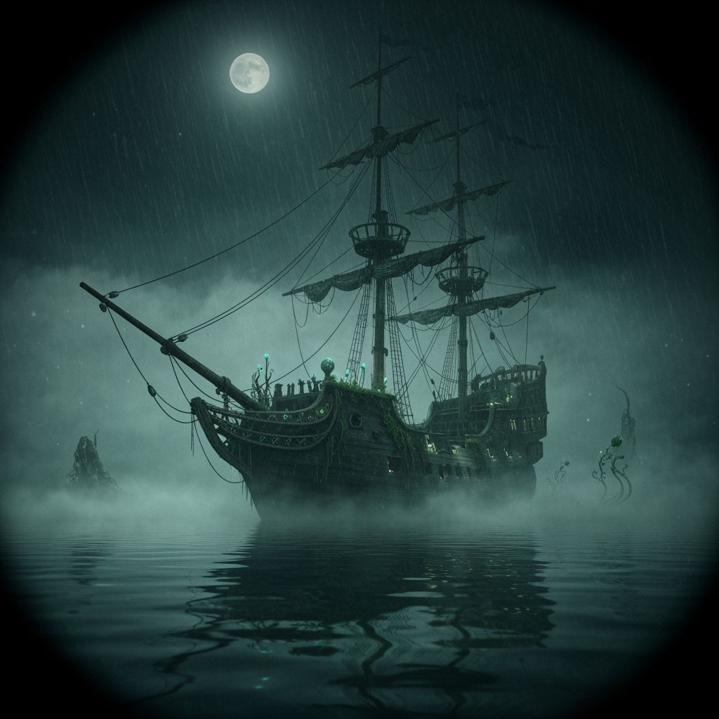 Ghostly Pirate Ship Sailing Underwater in Eerie Darkness