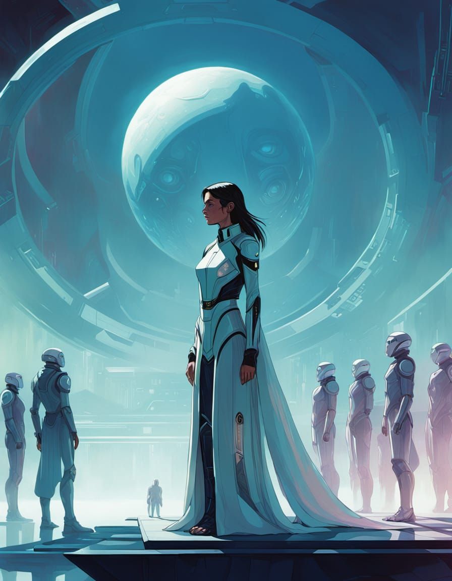 Futuristic AI Goddess Surrounded by Worshippers