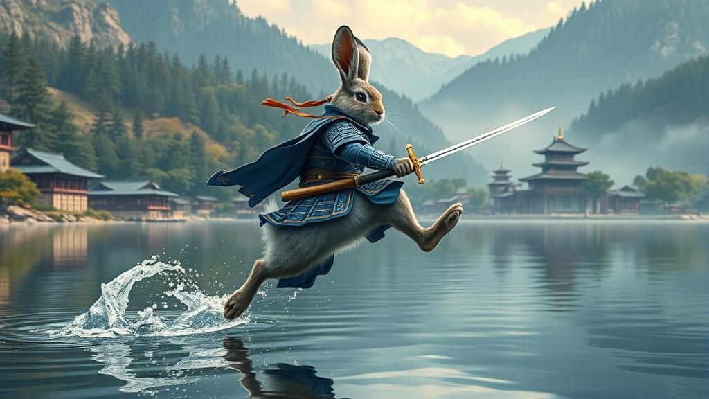 Samurai Bunny Leaping Across Lake: Photorealistic Illustrati...