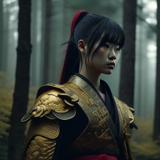 Warrior Girl in Kimono: Japanese Garden Sunset