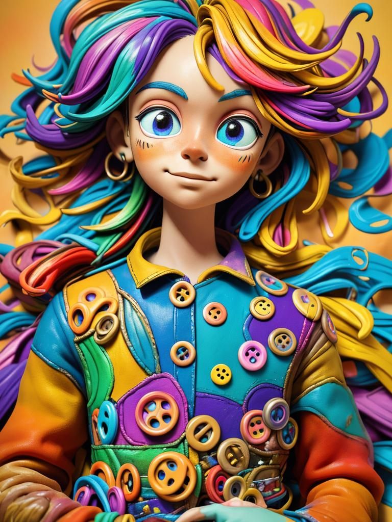 Man Surrounded by Whimsical Buttons in Vibrant Mixed Media A...