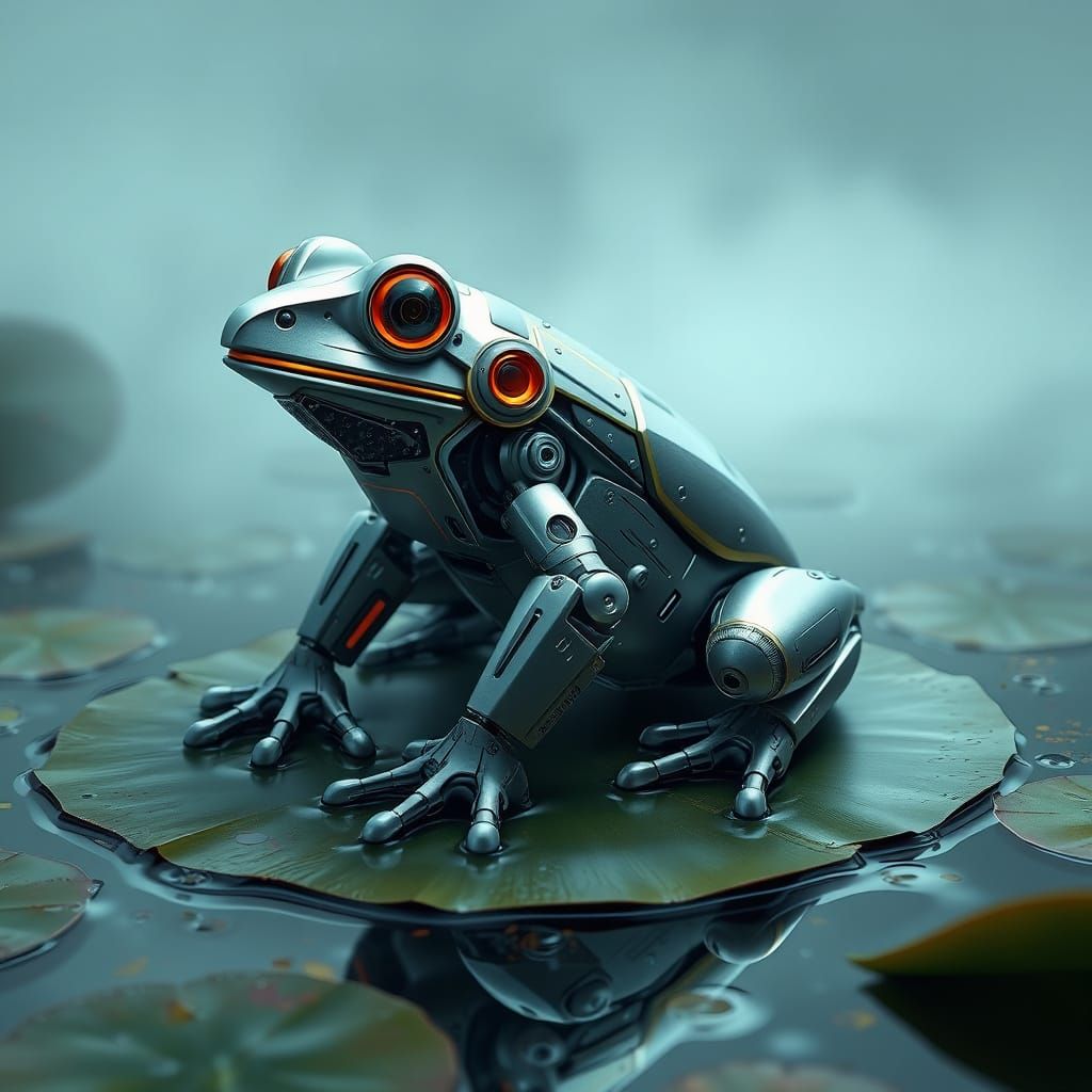 Futuristic RoboFrog on Lily Pad in Retro-Futuristic Style