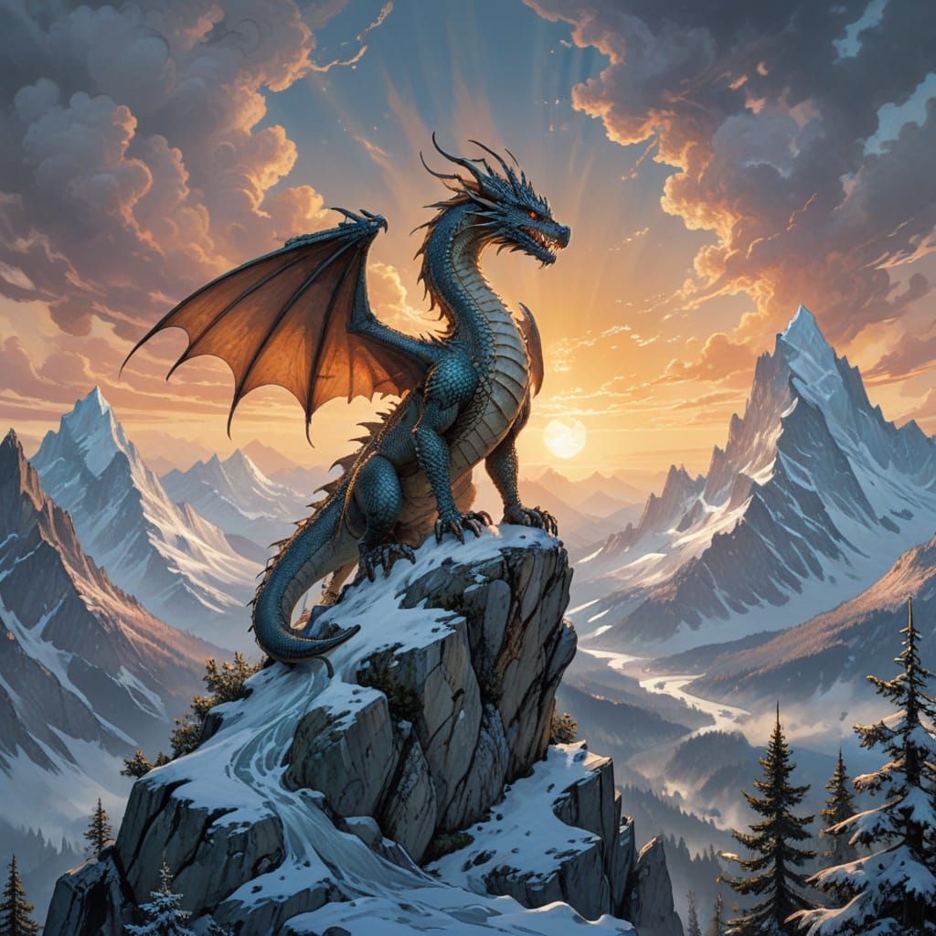 Majestic Dragon Perched Atop Mountain Peak