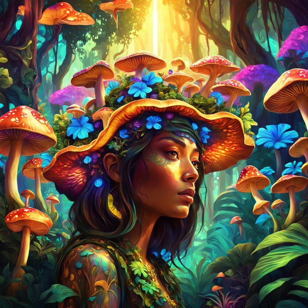 Psychedelic Girl with Fungi in Tropical Forest