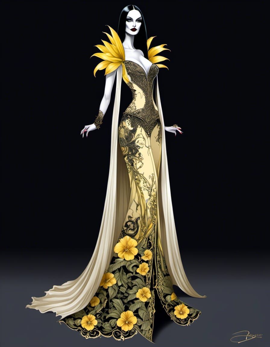 Morticia Addams in Botanical Goth Banana-Gami Outfit