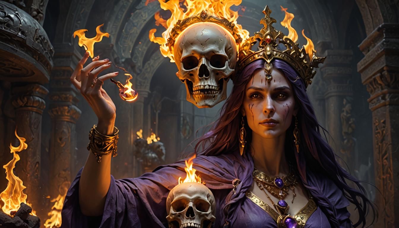 Ancient Priestess with Flaming Skull, Dark Fantasy Art