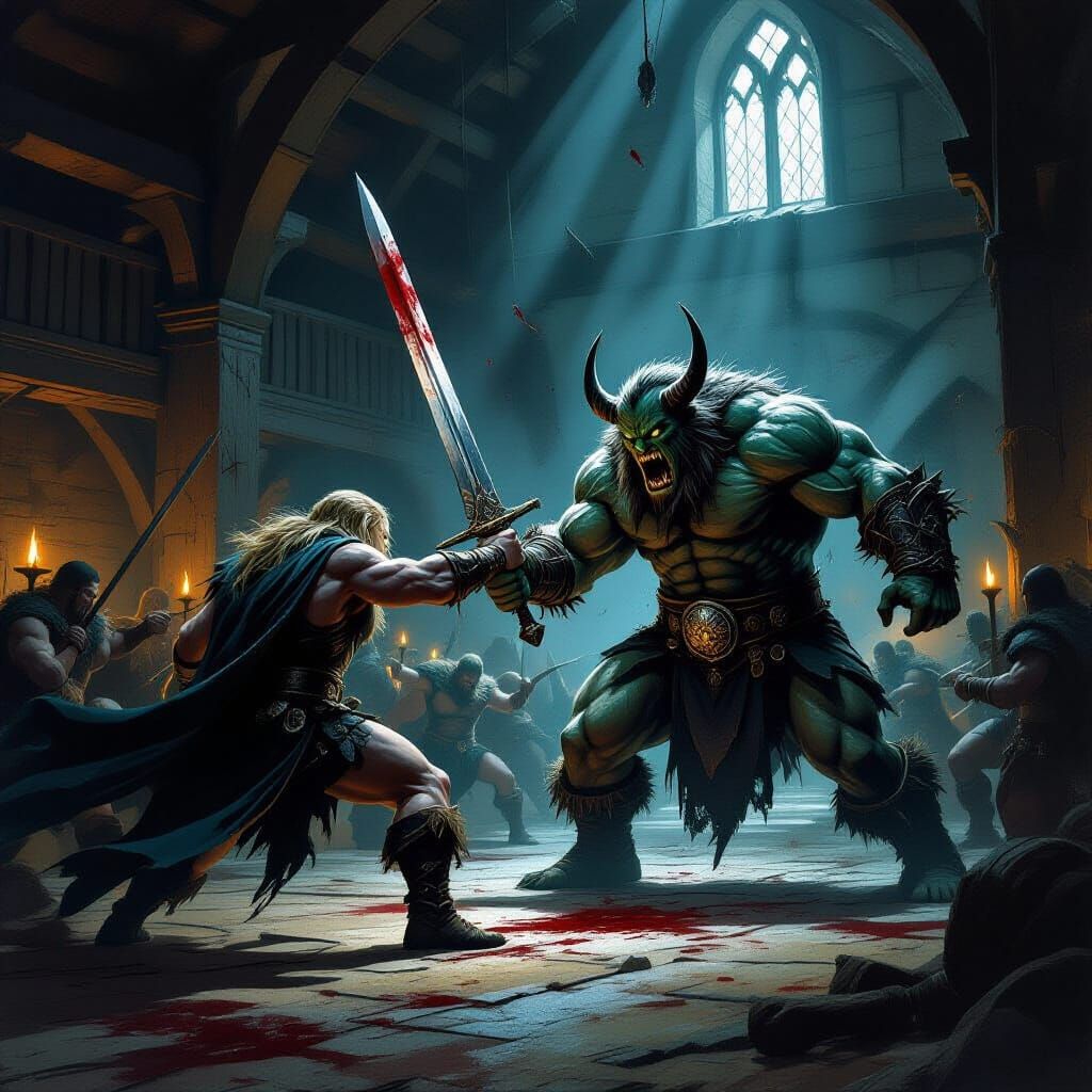 Beowulf Battles Monstrous Grendel in Epic Fantasy Mead Hall