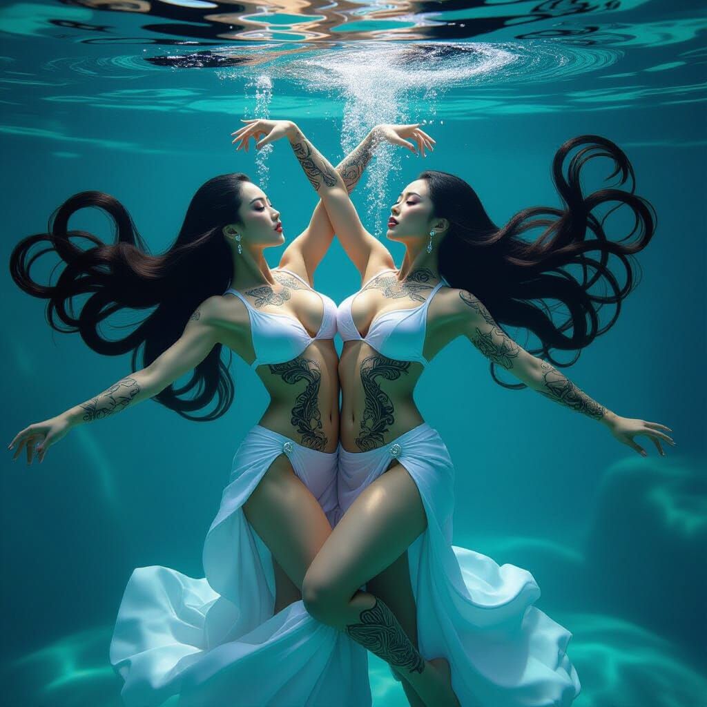 Asian Women Dance in Surreal Underwater Spa