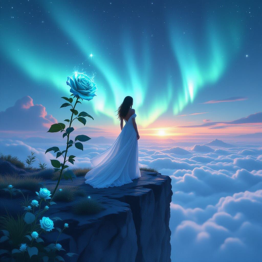 Mystical Woman with Teal Rose in Ethereal Landscape
