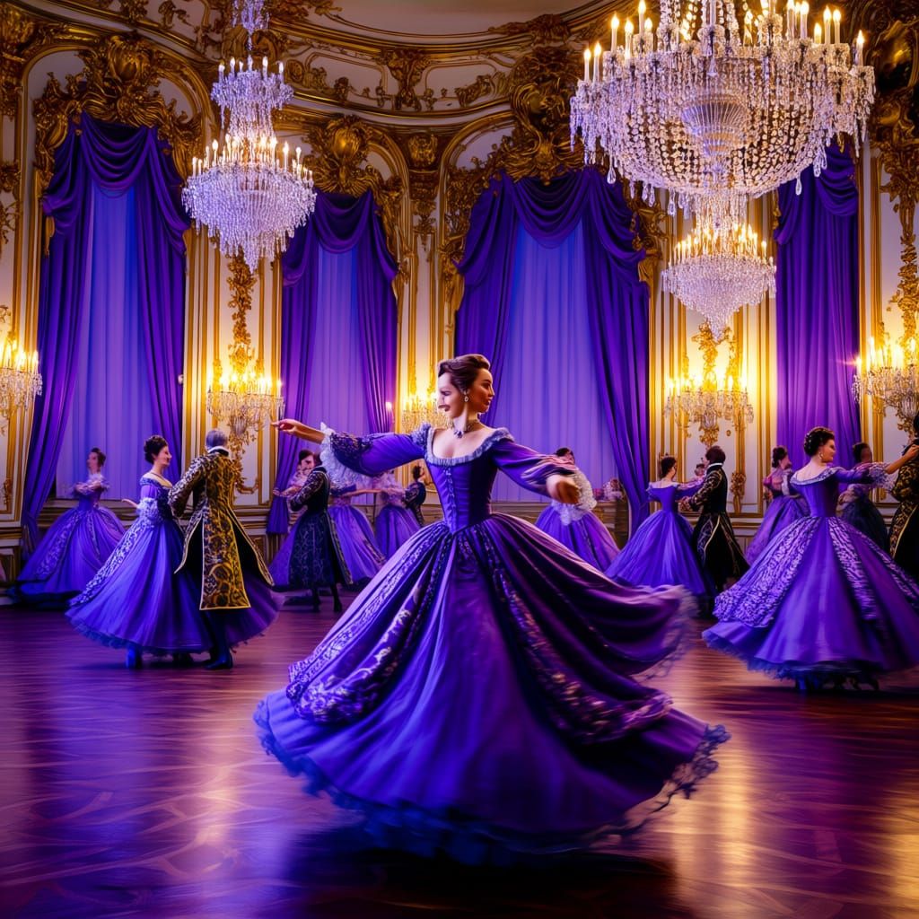 Baroque Ballroom With Dancers in Violet Gowns