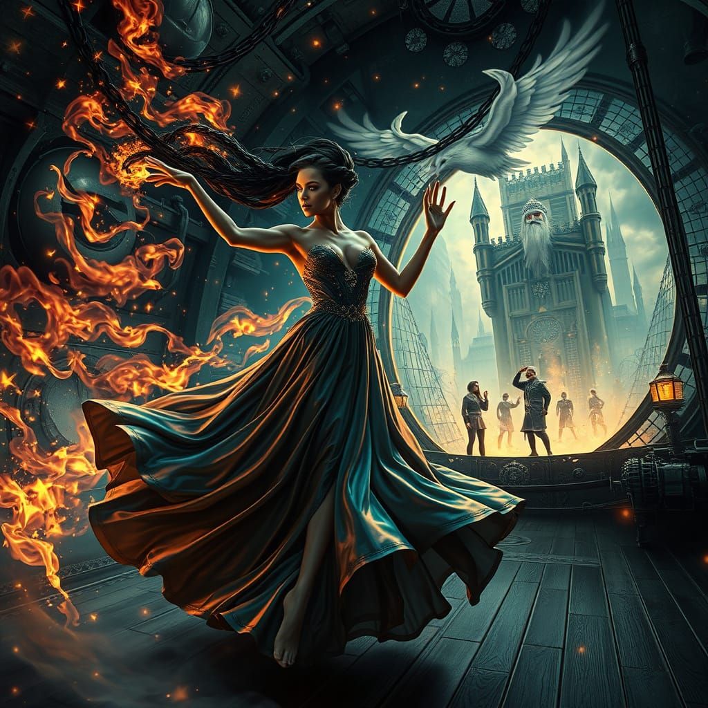 Mystical Metropolis Pinup Woman in Iridescent Gown Amidst Pl...