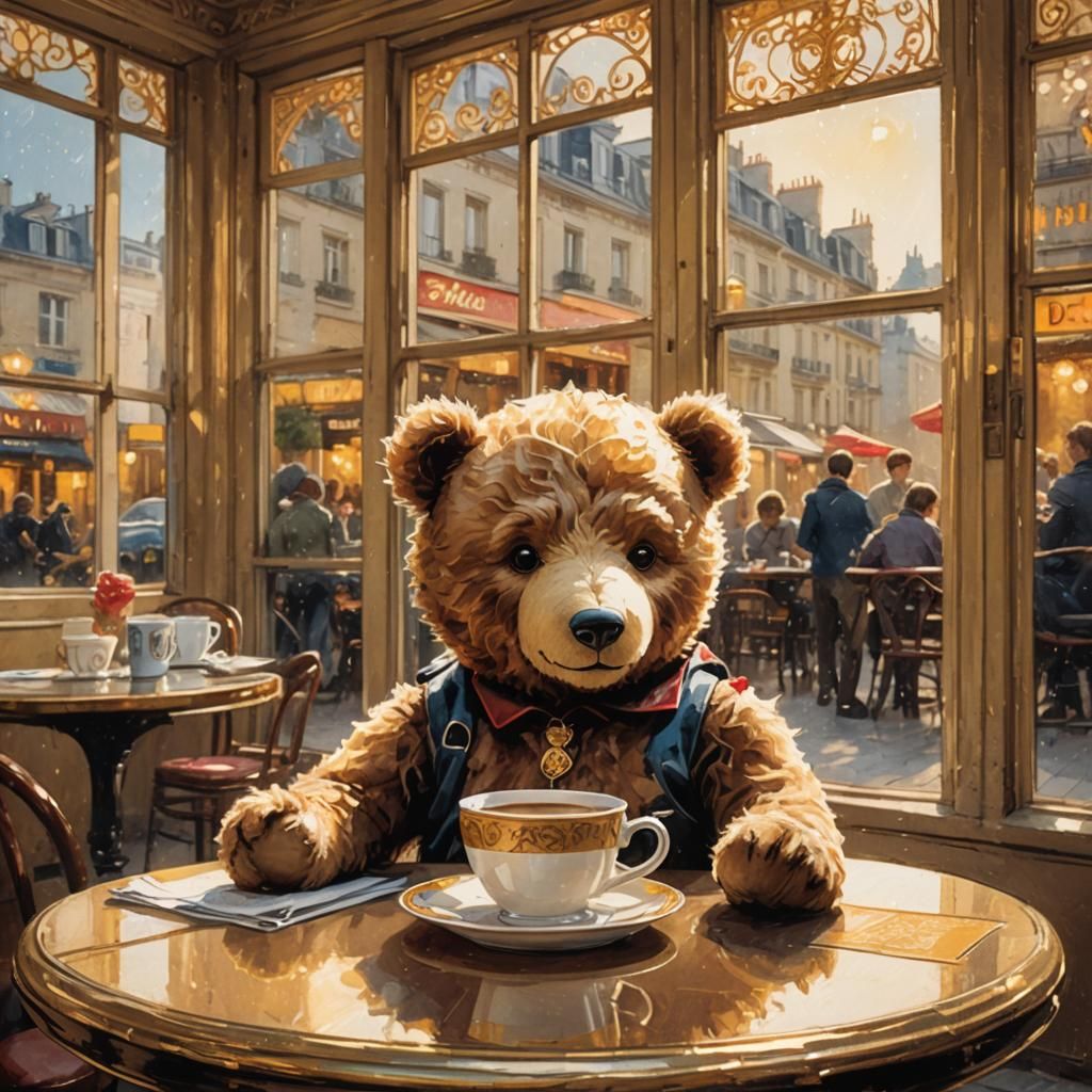 Teddy Bear's Parisian Coffee Break: Comic Book Style