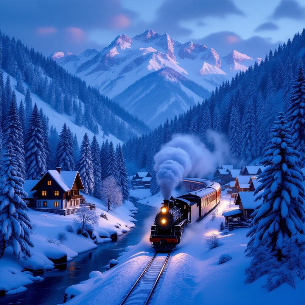 Romanian Mountains Snowy Landscape with Vintage Train