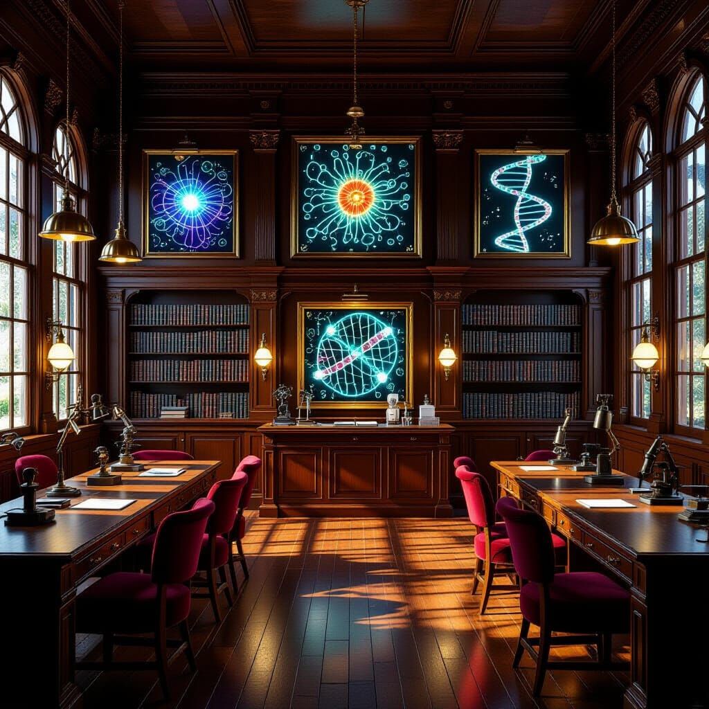 Warm Biology Classroom with Bioluminescent Prints in 8K