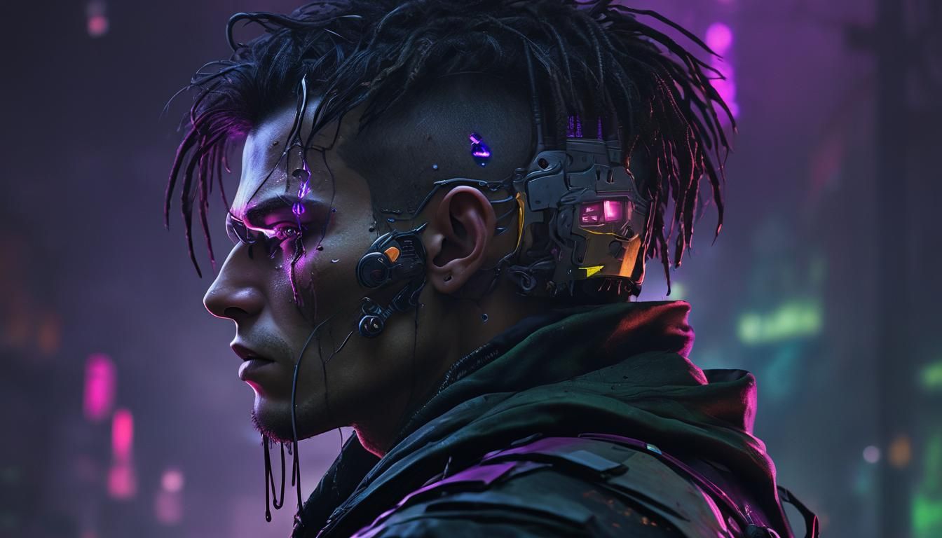 Cyberpunk Disfigured Head Portrait in Neon-Noir Style