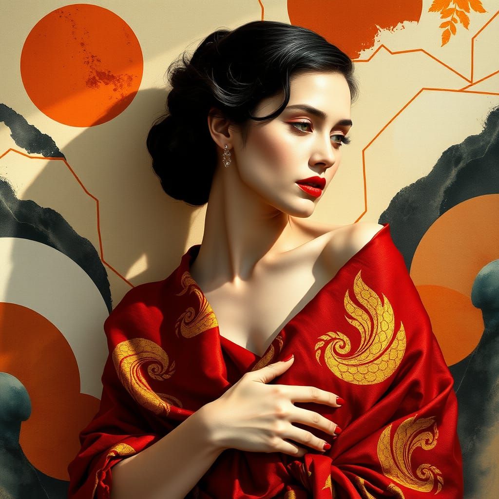 Elegant Woman in Crimson Shawl: Expressive Portrait
