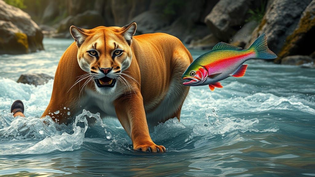 Surrealistic Cougar Confronts Turbulent River in Regal Pose
