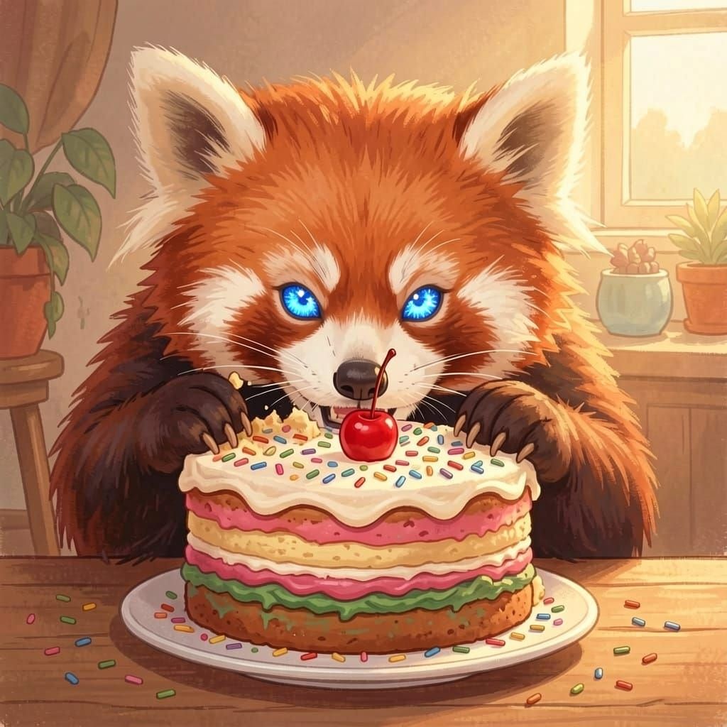 Cute Red Panda Enjoying a Delicious Cake